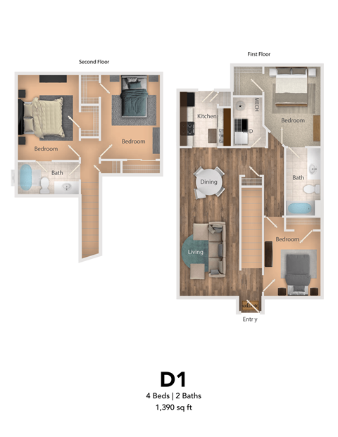 Floor plan for 4 beds, 2 baths, 1390 sqft